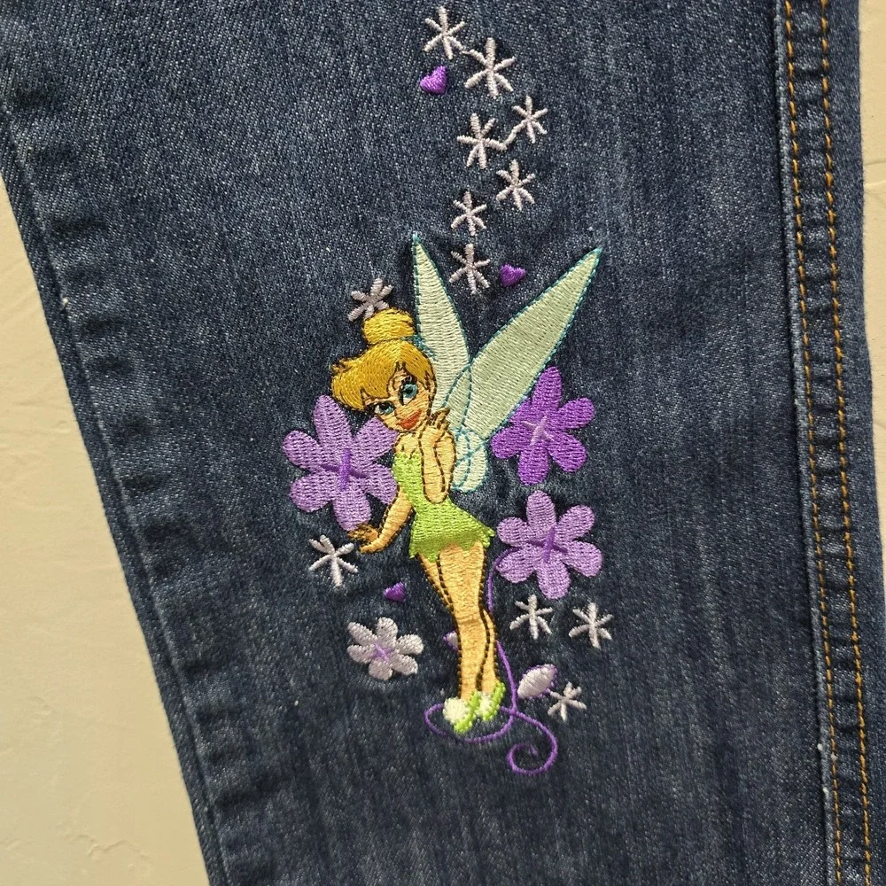 Disney Store Tinker Bell Girls Jeans Size 10/12 Embroidered Denim Pants Y2K
